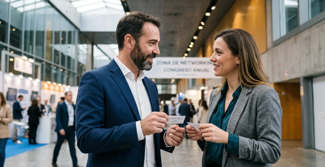 Consultor de agencia de reclutamiento intercambiando tarjetas de visita con profesional durante evento de networking en España, acceso directo a red local de candidatos