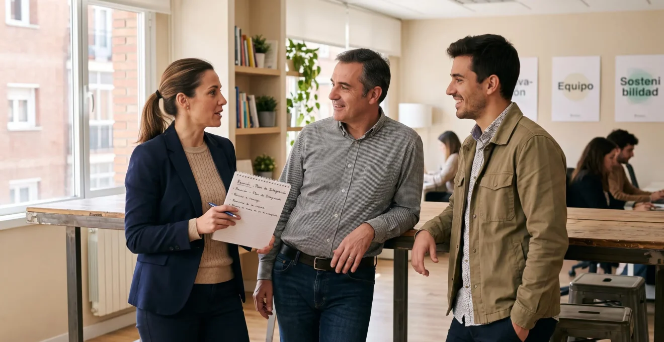 Consultora de agencia de reclutamiento en visita de seguimiento post-integración con responsable de empresa y nuevo empleado en espacio de trabajo español