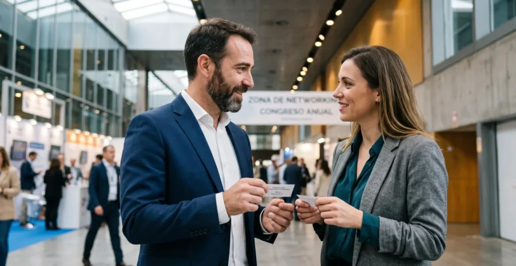 Consultor de agencia de reclutamiento intercambiando tarjetas de visita con profesional durante evento de networking en España, acceso directo a red local de candidatos
