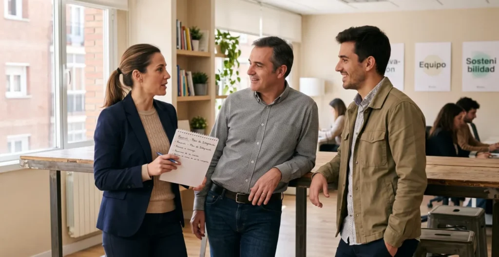 Consultora de agencia de reclutamiento en visita de seguimiento post-integración con responsable de empresa y nuevo empleado en espacio de trabajo español
